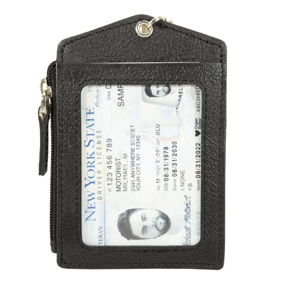 ID lanyard Card Holder in Genuine Leather, Black